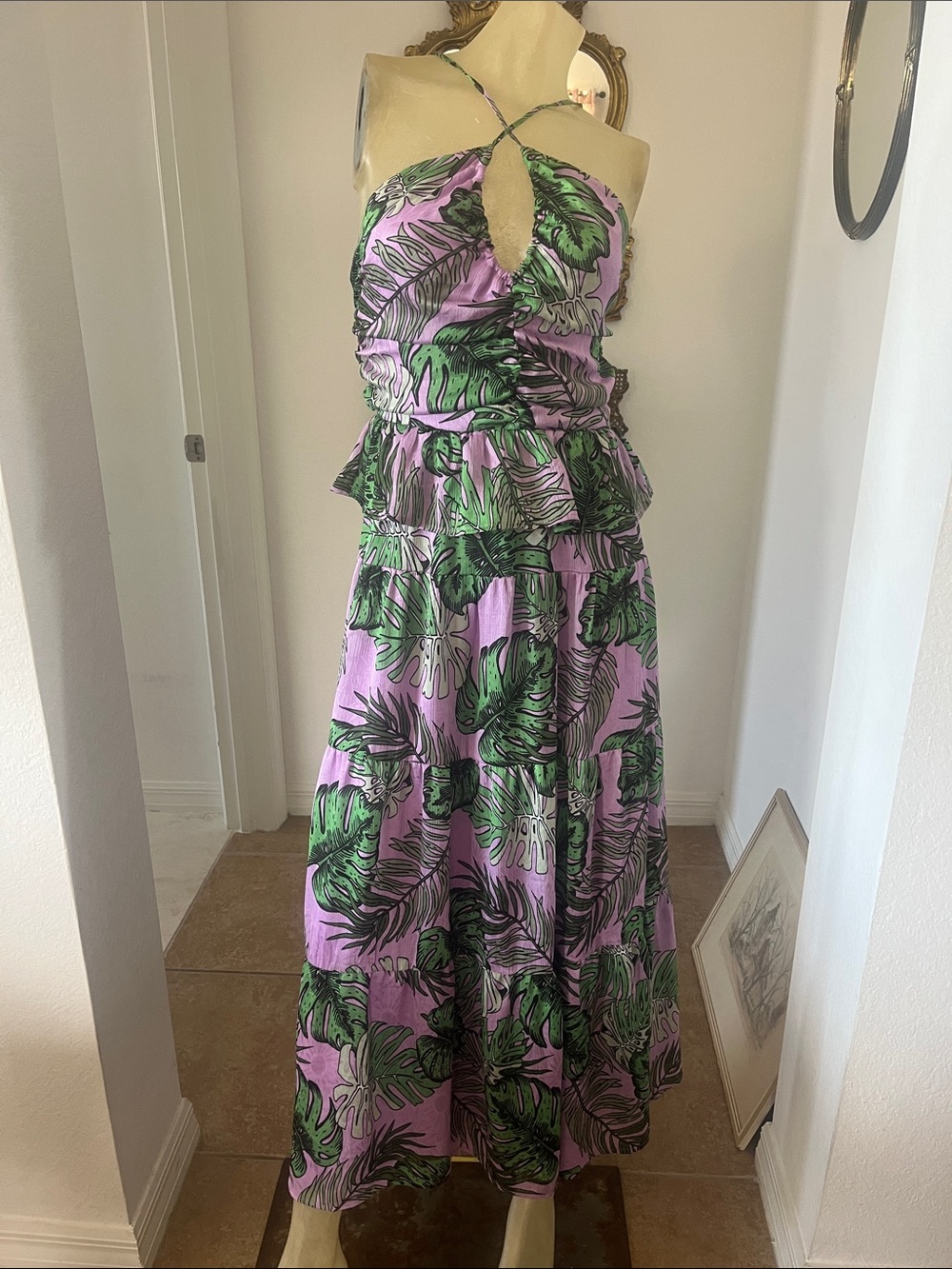 NSR Lilac Maxi Dress with Green Tropical Leaf Print